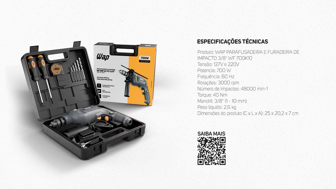 Parafusadeira e Furadeira de Impacto 3/8" (10mm) Wap 700K10 com Acessórios