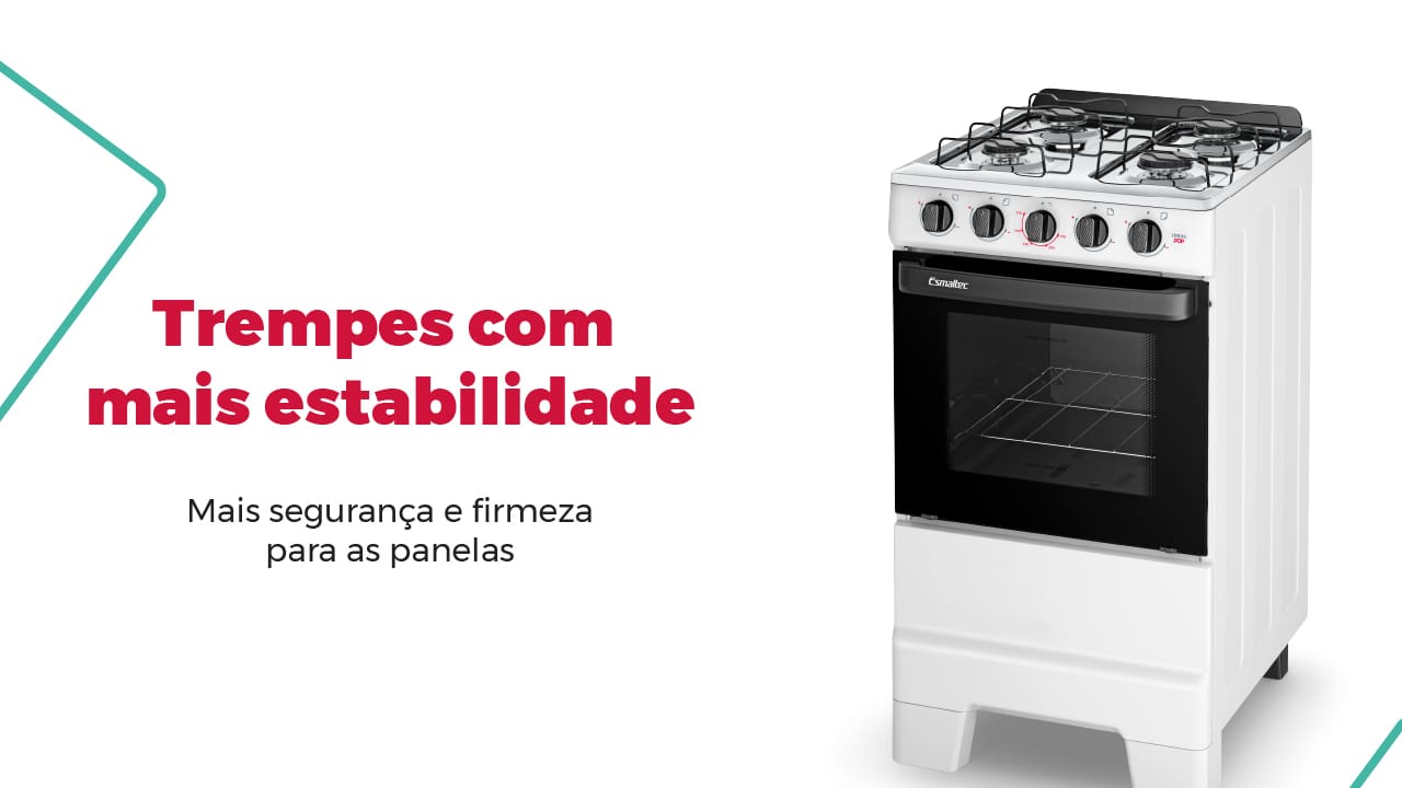 Estrutura em Aço Inox com estabilidade extra O Fogão Esmaltec 4 Bocas Ideal Pop se destaca pela sua mesa em aço inox, oferecendo durabilidade e um novo formato com espaldar mais alto. Com acendimento manual e trempes que garantem mais estabilidade, este fogão proporciona segurança adicional para suas panelas, evitando acidentes e garantindo praticidade no preparo dos alimentos.
