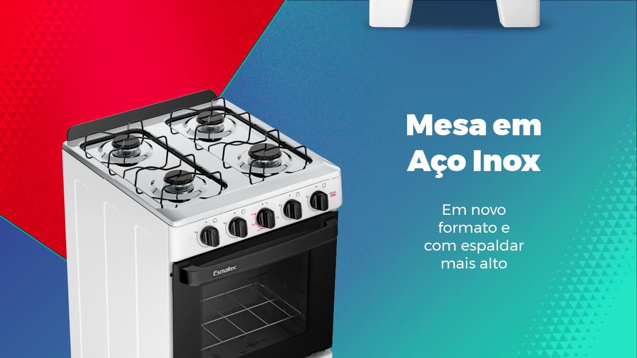 Estrutura em Aço Inox com estabilidade extra O Fogão Esmaltec 4 Bocas Ideal Pop se destaca pela sua mesa em aço inox, oferecendo durabilidade e um novo formato com espaldar mais alto. Com acendimento manual e trempes que garantem mais estabilidade, este fogão proporciona segurança adicional para suas panelas, evitando acidentes e garantindo praticidade no preparo dos alimentos.