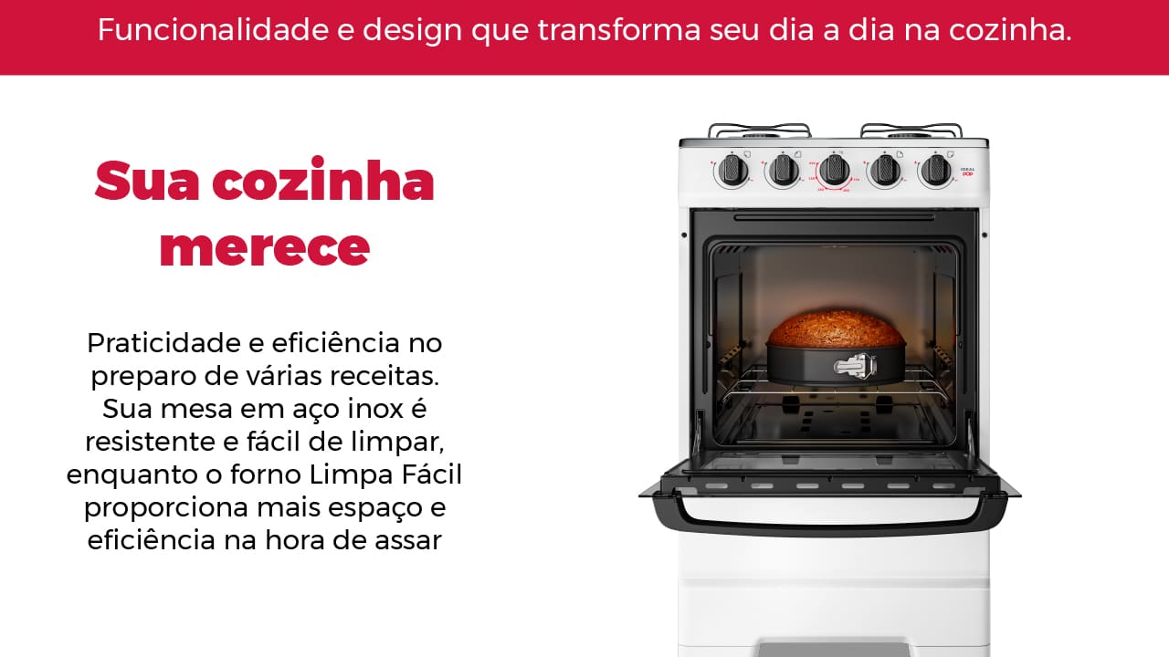 Estrutura em Aço Inox com estabilidade extra O Fogão Esmaltec 4 Bocas Ideal Pop se destaca pela sua mesa em aço inox, oferecendo durabilidade e um novo formato com espaldar mais alto. Com acendimento manual e trempes que garantem mais estabilidade, este fogão proporciona segurança adicional para suas panelas, evitando acidentes e garantindo praticidade no preparo dos alimentos.
