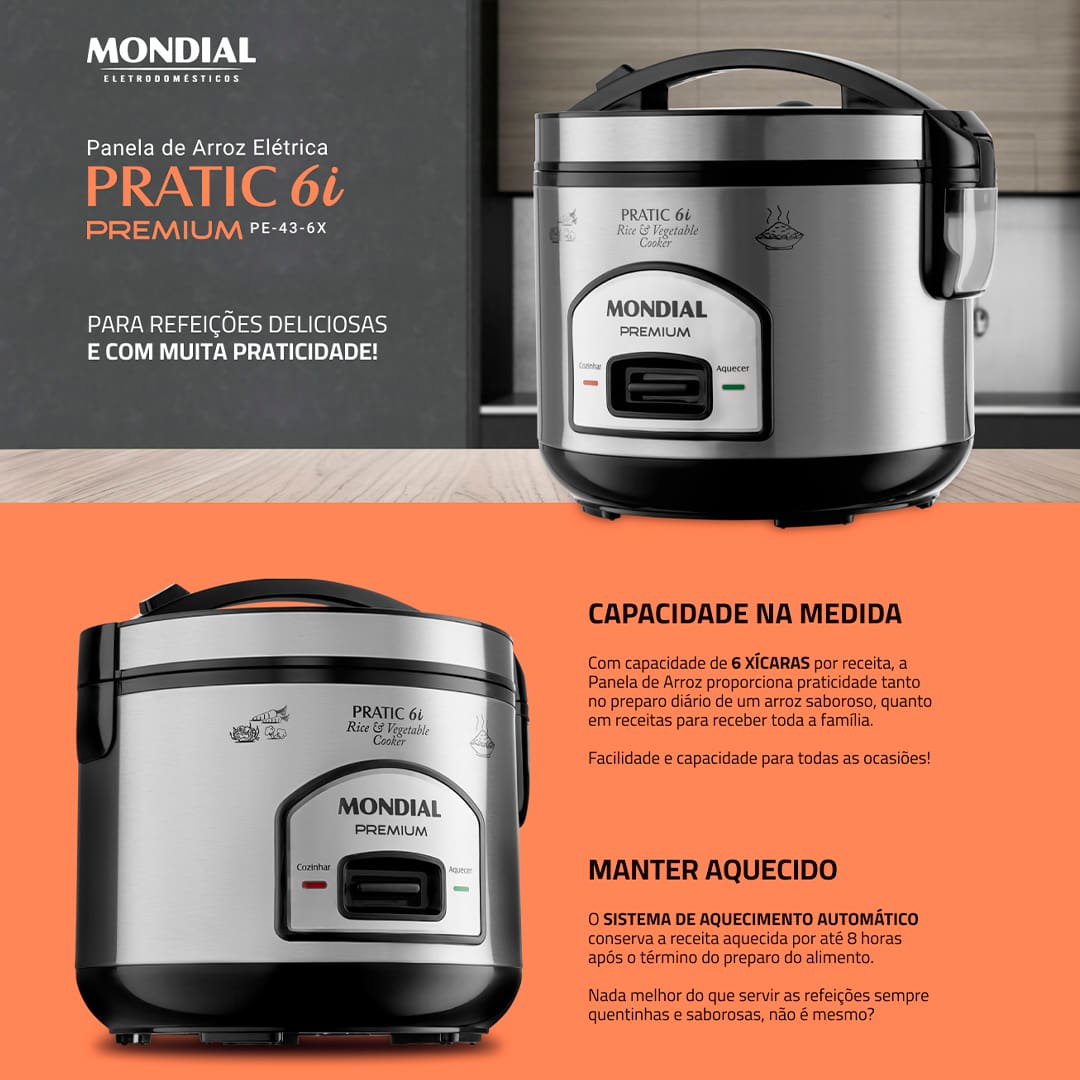 Fazer arroz já é fácil, e com a Panela Elétrica Mondial Pratic PE-43 será muito mais. Com ela, você também poderá cozinhar legumes e verduras no vapor, com rapidez e sem perder os nutrientes de cada alimento.