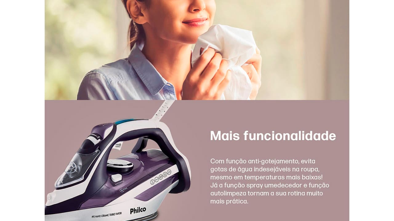 Ferro de Passar a Vapor Philco PFE Nano Ceramic Branco Roxo