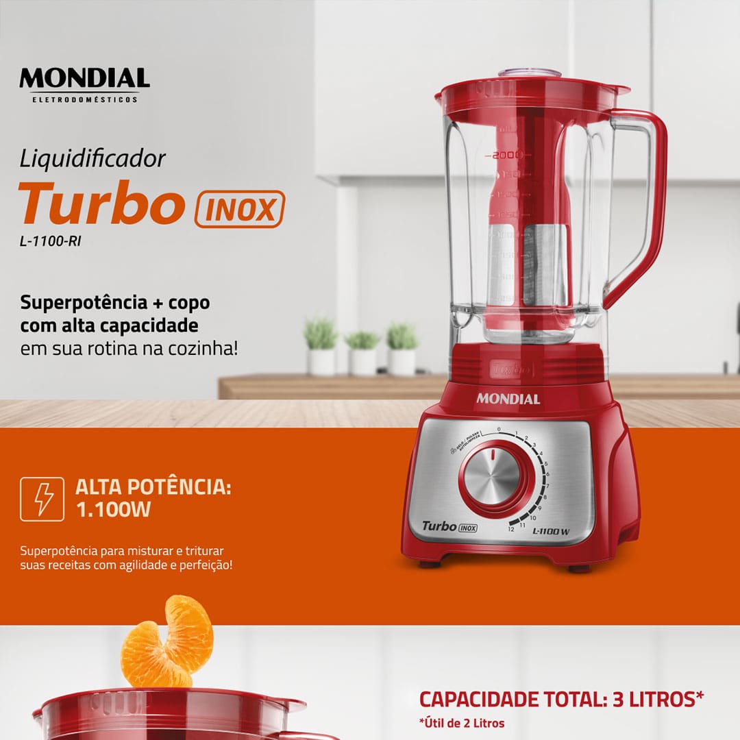 O Liquidificador Mondial Turbo L-1100 com 12 Velocidades 1100W possui detalhes em inox agregando sofisticação e mais durabilidade para a sua cozinha, sendo projetado para proporcionar segurança e estabilidade durante o preparo de diversas receitas. Conta com filtro para separação de bagaços e sementes, e sobre tampa graduada que pode ser usada como medidor. Além de um porta fio interno, para facilitar seu armazenamento.