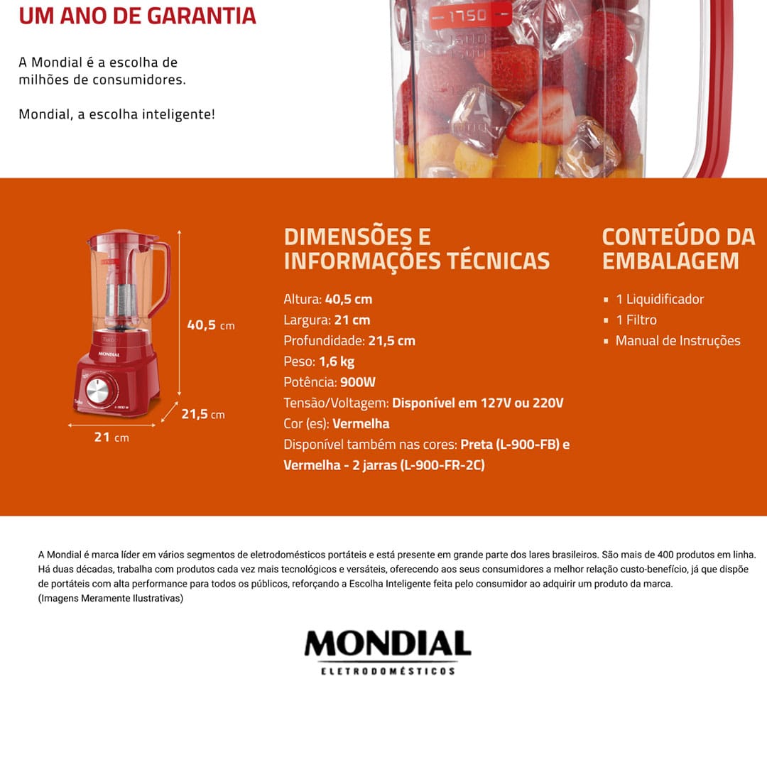 Liquidificador Mondial Turbo L900 Vermelho 900W com 5 Velocidades