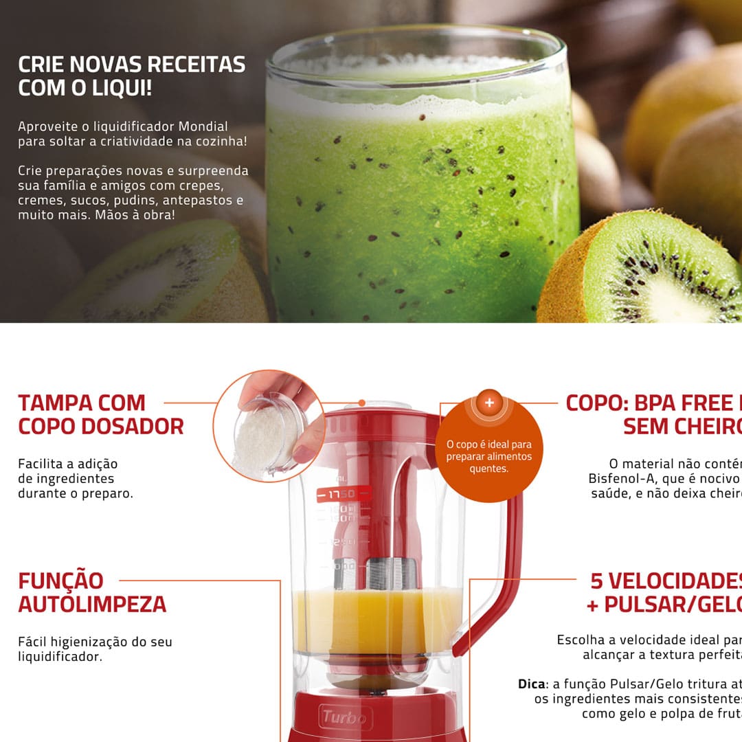 Liquidificador Mondial Turbo L900 Vermelho 900W com 5 Velocidades