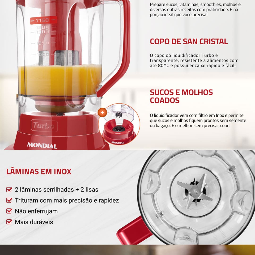 Liquidificador Mondial Turbo L900 Vermelho 900W com 5 Velocidades