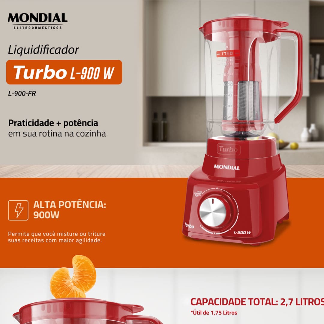 Liquidificador Mondial Turbo L900 Vermelho 900W com 5 Velocidades