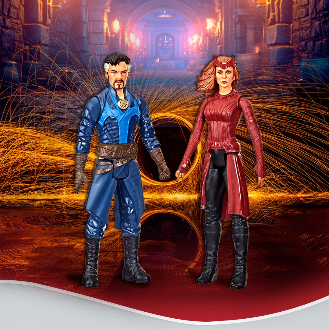 Bonecos Doutor Estranho e Feiticeira Escarlate azul preto vermelho fundo fogo castelo rústico