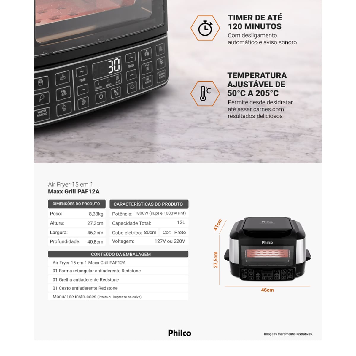 Fritadeira Elétrica Air Fryer Philco PAF12A Barbecue Digital 12L Preta