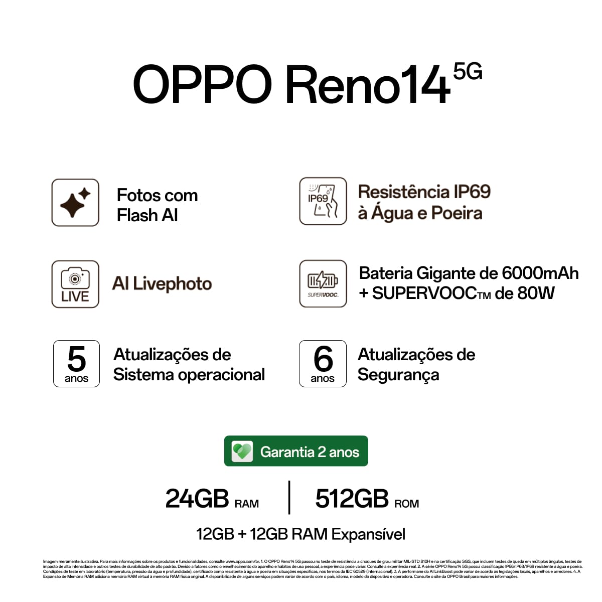 Smartphone OPPO Reno 14 5G Tela 6,59" 512GB Câmera Tripla 50MP Branco