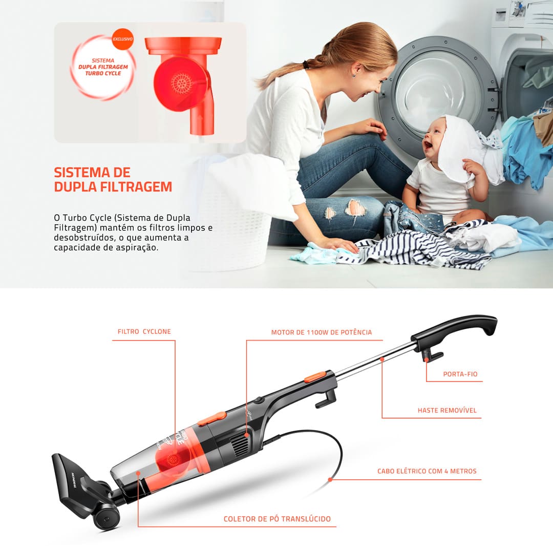Aspirador de Pó Vertical Mondial AP-35 Turbo Cycle Tenha maior praticidade para limpar sua casa com o Aspirador de Pó Vertical Mondial AP-35 Turbo Cycle! Ele conta com bocal multiuso, para cantos, frestas e para estofados, facilitando a limpeza nos locais de difícil acesso. O equipamento também possui 1100W de potência e o sistema de dupla filtragem Turbo Cycle, que tem grande capacidade de aspiração.