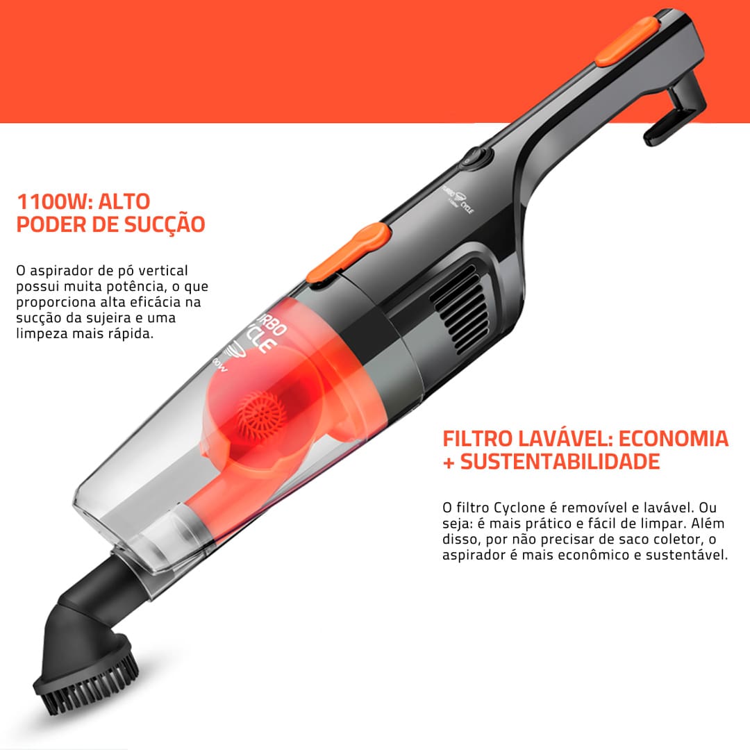 Aspirador de Pó Vertical Mondial AP-35 Turbo Cycle Tenha maior praticidade para limpar sua casa com o Aspirador de Pó Vertical Mondial AP-35 Turbo Cycle! Ele conta com bocal multiuso, para cantos, frestas e para estofados, facilitando a limpeza nos locais de difícil acesso. O equipamento também possui 1100W de potência e o sistema de dupla filtragem Turbo Cycle, que tem grande capacidade de aspiração.   