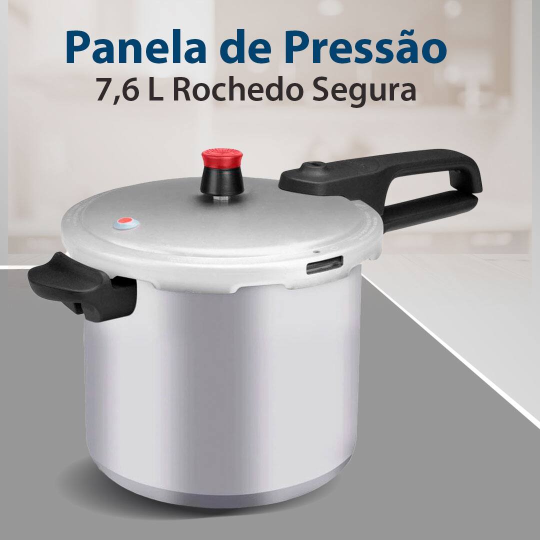 Panela de Pressão 7,6 L Rochedo Segura imagem frontal frente prata alumínio bancada cinza cabo preto