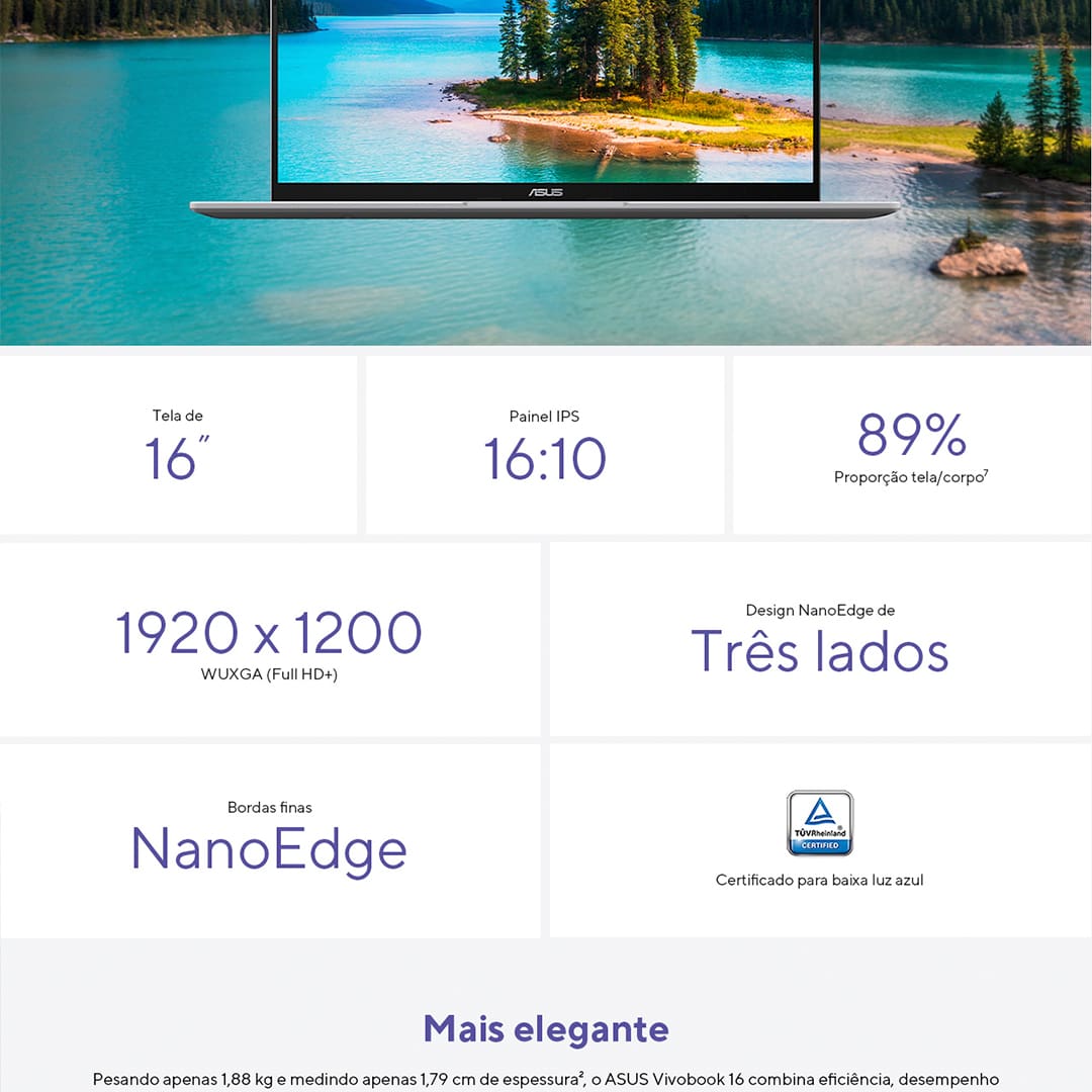 Notebook ASUS Vivobook 16 X1607QA Qualcomm Snapdragon, 16GB, 1.0 TB SSD, Tela LCD LED Backlight 16” e Windows 11 Home - X1607QA-MB091W