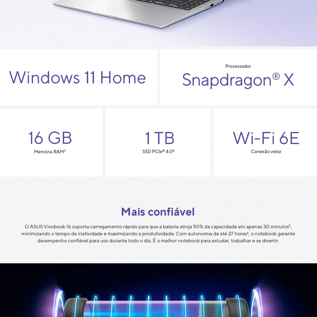 Notebook ASUS Vivobook 16 X1607QA Qualcomm Snapdragon, 16GB, 1.0 TB SSD, Tela LCD LED Backlight 16” e Windows 11 Home - X1607QA-MB091W