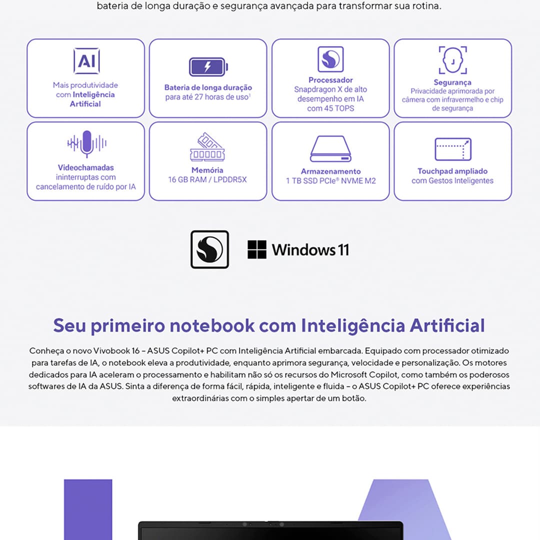Notebook ASUS Vivobook 16 X1607QA Qualcomm Snapdragon, 16GB, 1.0 TB SSD, Tela LCD LED Backlight 16” e Windows 11 Home - X1607QA-MB091W