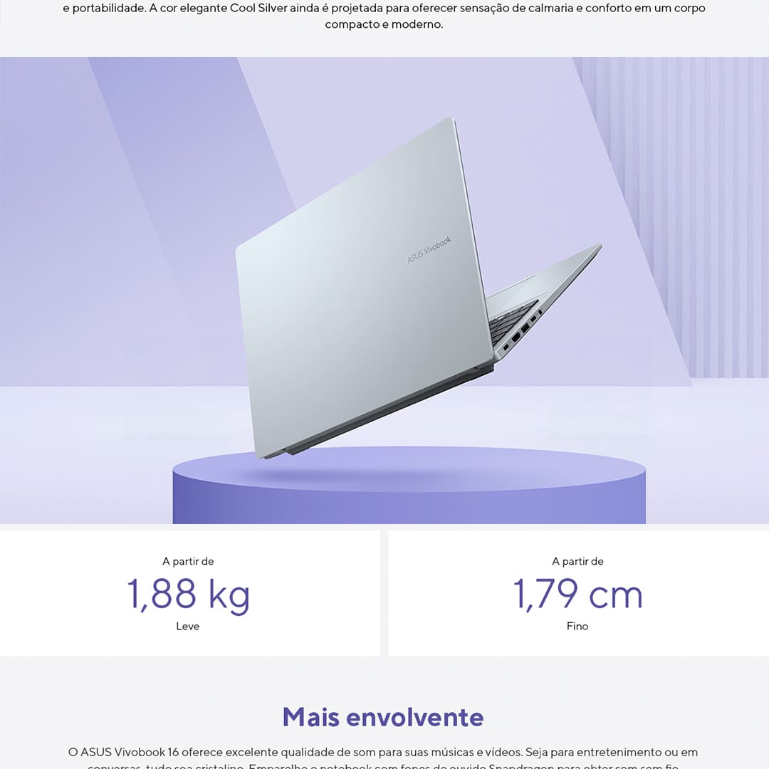 Notebook ASUS Vivobook 16 X1607QA Qualcomm Snapdragon, 16GB, 1.0 TB SSD, Tela LCD LED Backlight 16” e Windows 11 Home - X1607QA-MB091W