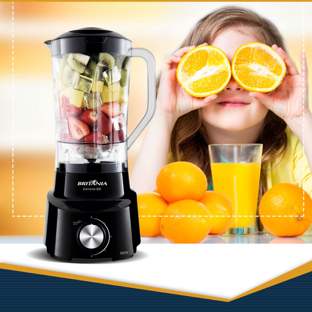 destaque mostra o liquidificador com gelo e frutas, uma criança e muitas laranjas