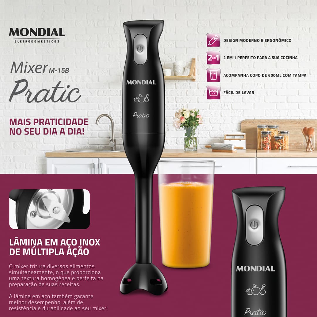 Tenha muito mais praticidade na sua cozinha com o Mixer Mondial Pratic M-15-B Preto. Ele é perfeito para preparar receitas com texturas homogêneas, como vitaminas, caldos, sopas, cremes, purês, papinhas de bebê e até desfiar frango. O Mixer da Mondial conta com lâmina de aço inox de múltipla ação e é 2 em 1 o que permite bater e triturar os ingredientes. E ele acompanha copo de 600 ml que facilita o preparo e o armazenamento dos pratos.
