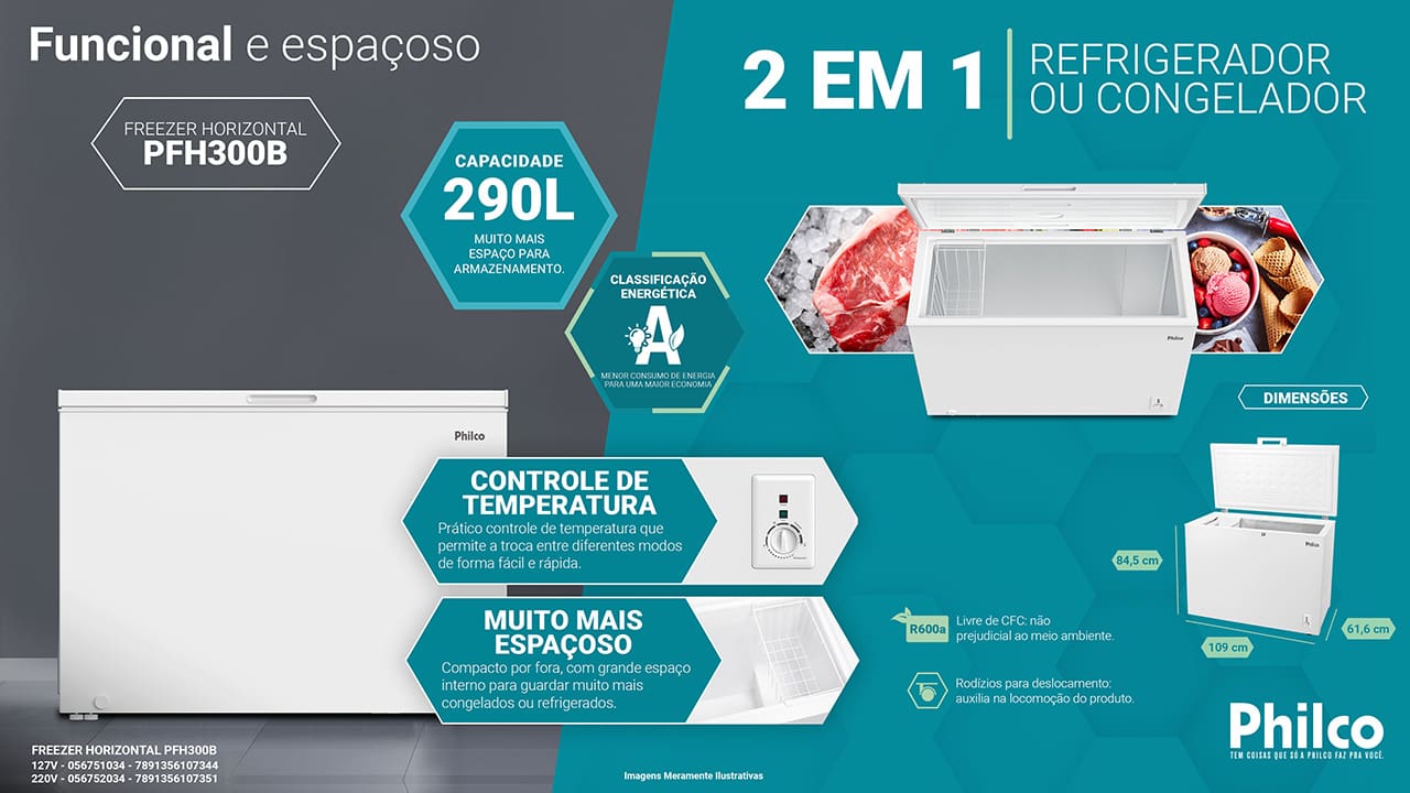 Espaço extra para seus congelados O Freezer Horizontal da Philco é perfeito para quem busca um local extra para guardar os congelados. Com uma generosa capacidade de 299 litros e por ser 2 em 1, ele pode ser utilizado como congelador ou refrigerador, se adaptando perfeitamente à sua necessidade.