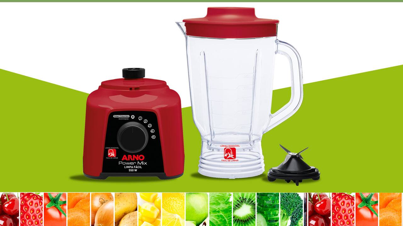 liquidificador vermelho preto partes soltas jarra copo transparente tampa vermelha lâmina prata cinza acessório preto fundo arte verde branco