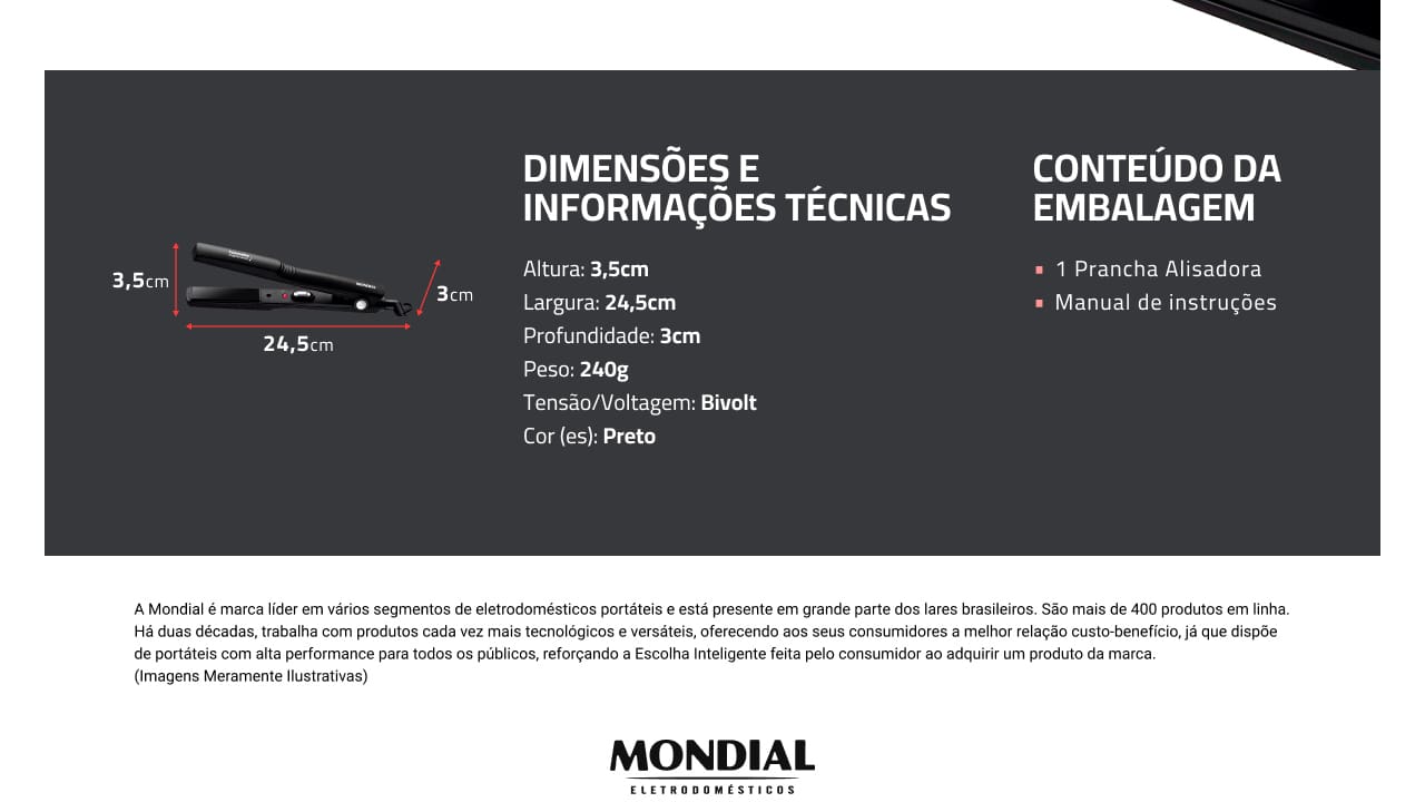 Prancha Mondial Tourmaline P-15 Cerâmica Preta