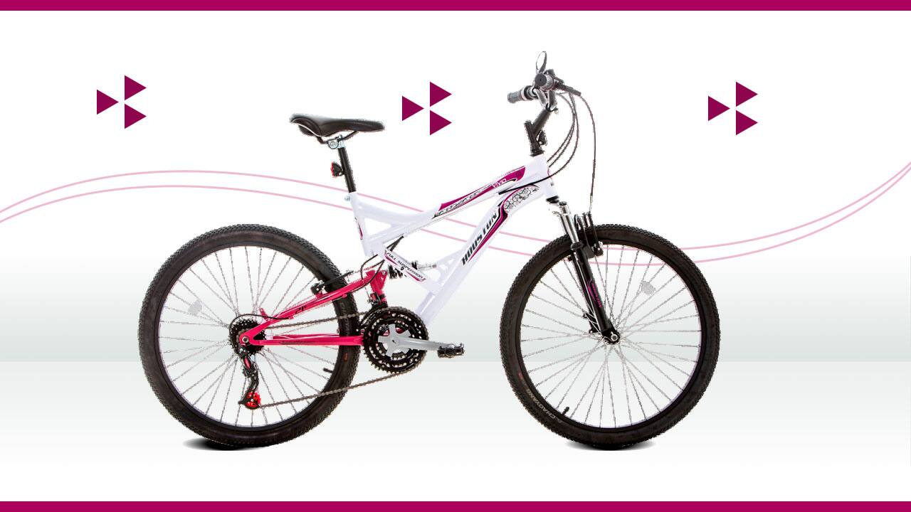Bicicleta Aro 26 Houston Vivid 21 Marchas e Suspensão Dupla Branco Rosa