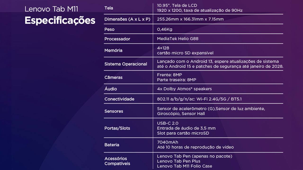 O Tablet Lenovo M11 é a companhia ideal para quem precisa de performance e praticidade no dia a dia. Equipado com o poderoso processamento do chip MediaTek Helio G88 (2,00 GHz) e 4GB de memória RAM, o modelo M11 se destaca pela possibilidade de realizar múltiplas tarefas de forma ágil, tudo isso, sem perder seu aspecto portátil, sendo leve e fácil de ser carregado.