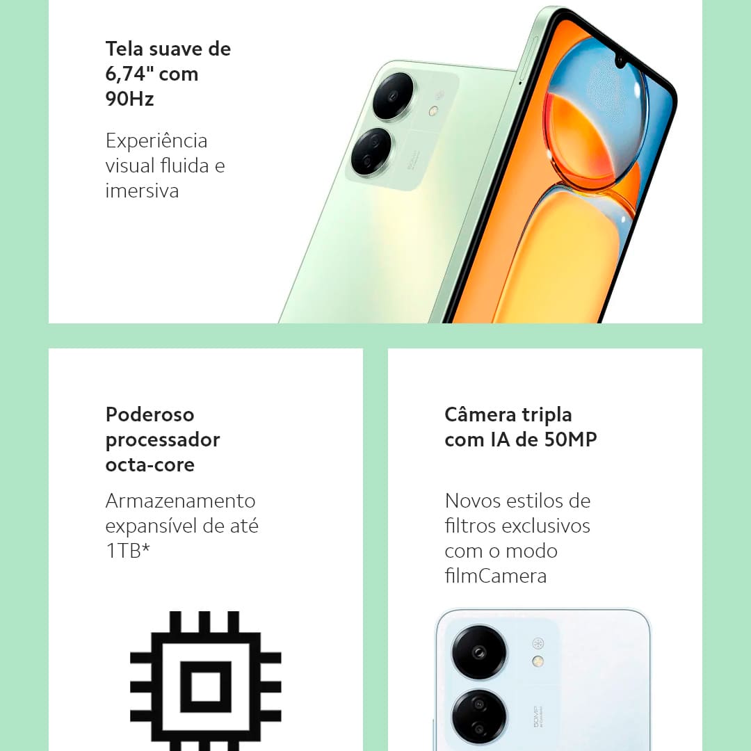 A Xiaomi traz um celular perfeito para você que busca velocidade, design e tecnologia. O smartphone Xiaomi Redmi 13C Preto possui processador Octa-core MediaTek Helio G85, armazenamento interno de 256GB, 8GB de RAM: abra aplicativos, jogos e muito mais com velocidade, eficiência e qualidade. Ideal para usuários que buscam um celular ágil e fluido para o dia a dia.