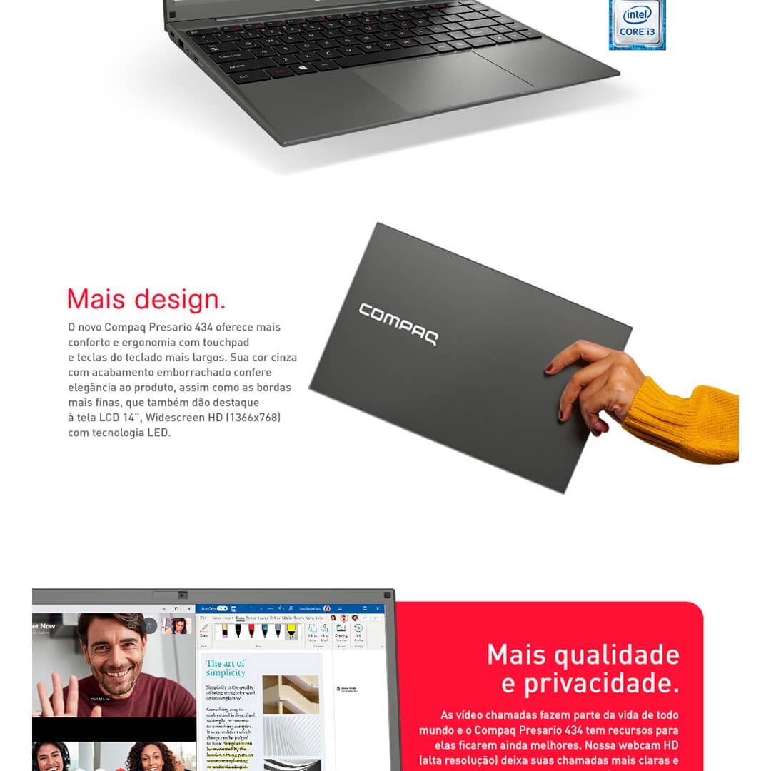 Notebook Compaq Core i3-6157U 4GB 1TB Tela 14” Windows 10 Presario 434