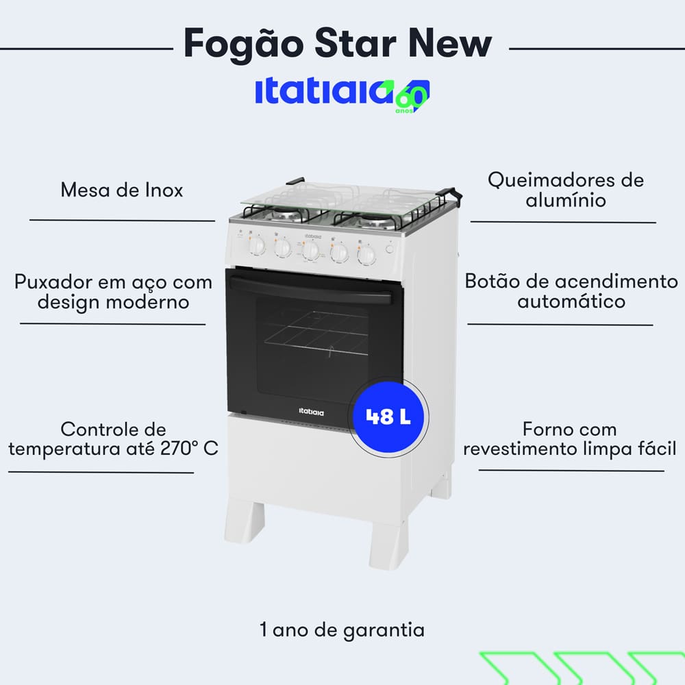 O Fogão 4 Bocas Star New da Itatiaia é a escolha perfeita para quem busca um produto de qualidade, com design moderno e funcionalidades que facilitam o dia a dia.