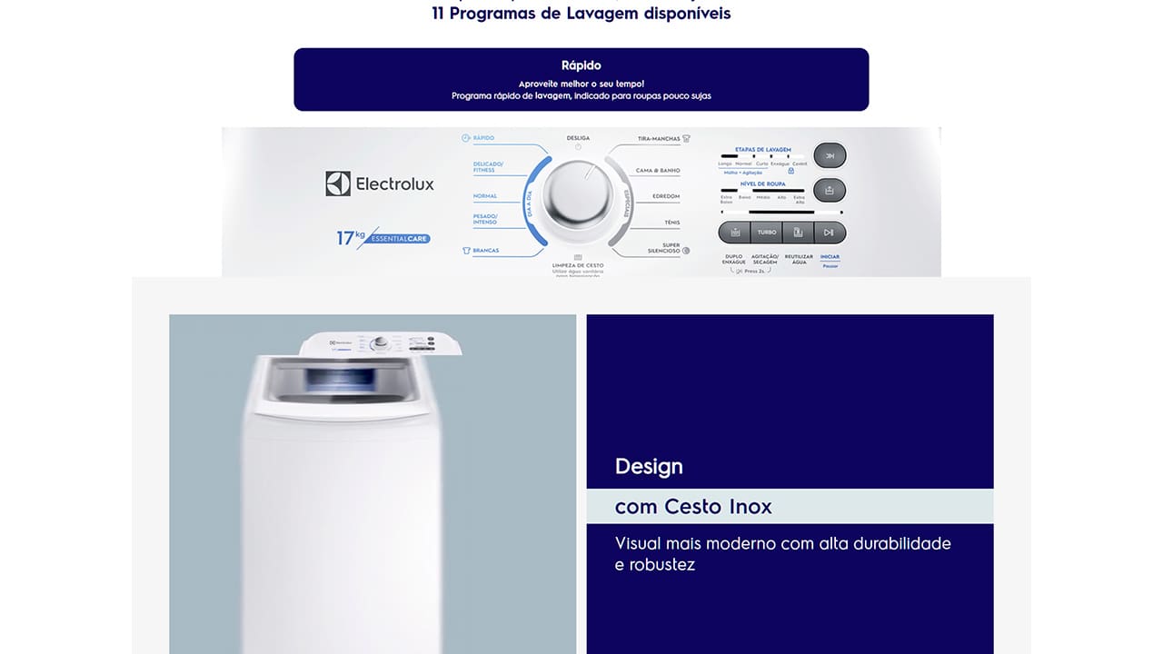 Lavadora de Roupas Electrolux LED17 Essential Care Branca