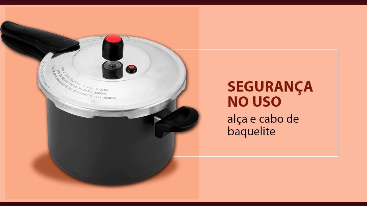 segurança no uso alça e cabo de baquelite imagem lateral panela pressão preta cinza