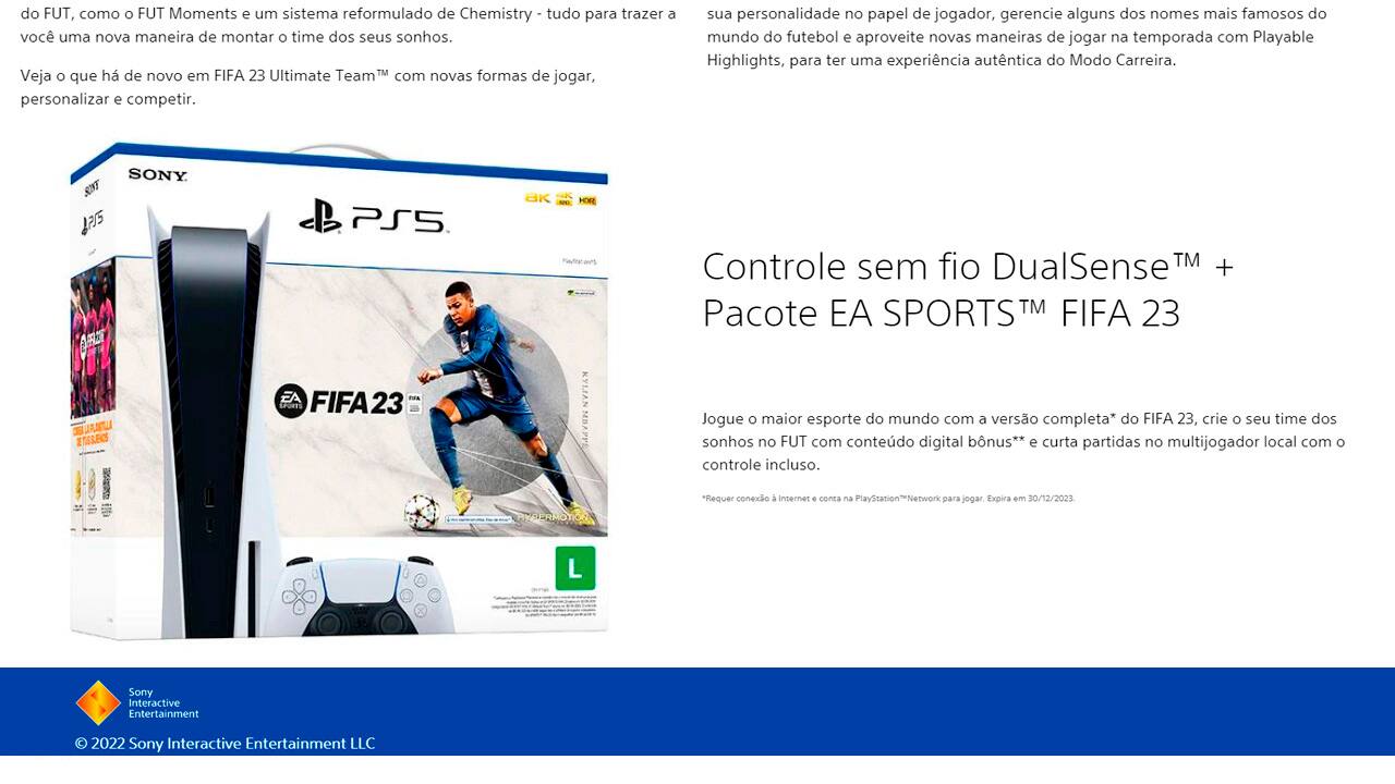 Console Playstation 5 2022, 825GB + 1 Controle Sony + FIFA 23 Lançamento -  Faz a Boa!