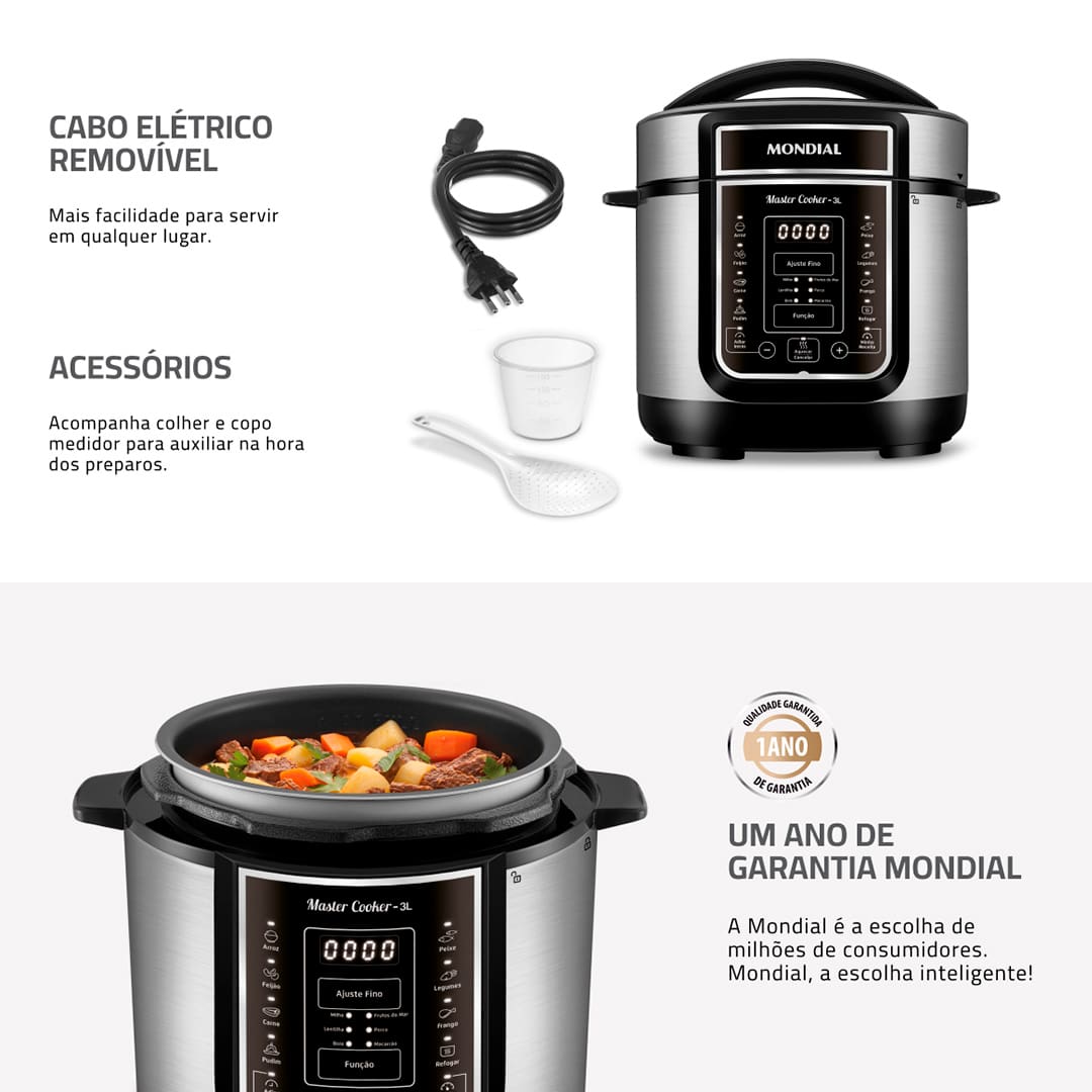 Capacidade de 3 Litros Essa Panela Elétrica de Pressão Mondial possui 3 litros de capacidade, sendo perfeita para preparar refeições para toda a família. Com cuba removível, que facilita a limpeza, ela pode ser utilizada para cozinhar feijão, arroz, sopas, legumes, entre outras receitas. 