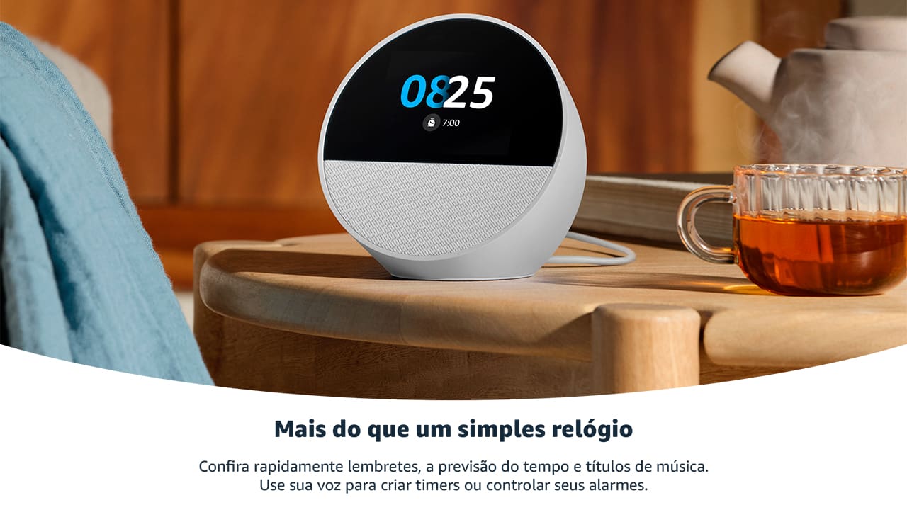 CONHEÇA O NOVO ECHO SPOT Um despertador inteligente com som vibrante e Alexa. Sempre pronto para te ajudar a acordar, relaxar e muito mais. DESPERTADOR INTELIGENTE PERSONALIZÁVEL Veja facilmente a hora, a previsão do tempo e nomes de música, controle dispositivos de casa inteligente e muito mais. Personalize o display com seu design preferido de relógio e cores divertidas. SOM POTENTE E VIBRANTE Curta sons com vocais nítidos e graves profundos. É só pedir para Alexa reproduzir música, podcasts e audiolivros.