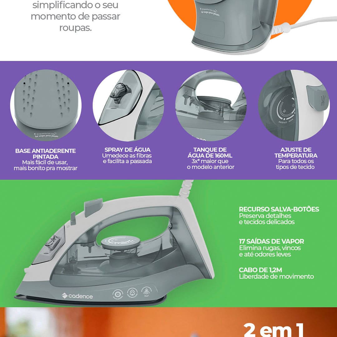 Praticidade na hora de passar suas roupas O Ferro de Passar IRO215 é a ferramenta ideal para quem busca eficiência e estilo na hora de cuidar das roupas. Com a versatilidade do uso a seco ou a vapor, este ferro se adapta a diferentes tecidos, garantindo resultados impecáveis. Sua base antiaderente pintada, com um design exclusivo, combina perfeitamente com a sua decoração, trazendo um toque de elegância ao seu espaço. Com um reservatório de água de 160 ml, três vezes maior que o modelo anterior, você pode passar mais roupas de uma só vez, sem interrupções.