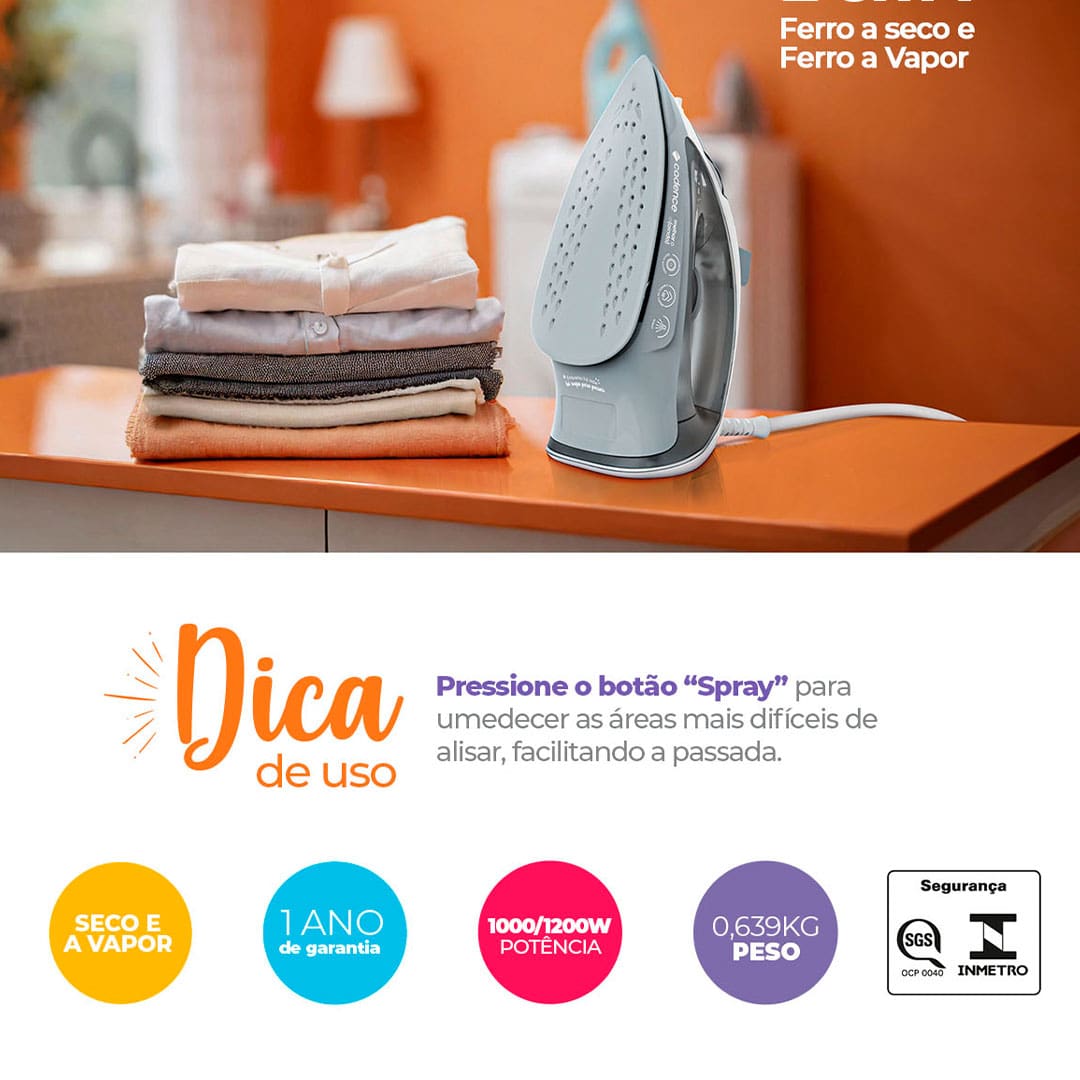 Praticidade na hora de passar suas roupas O Ferro de Passar IRO215 é a ferramenta ideal para quem busca eficiência e estilo na hora de cuidar das roupas. Com a versatilidade do uso a seco ou a vapor, este ferro se adapta a diferentes tecidos, garantindo resultados impecáveis. Sua base antiaderente pintada, com um design exclusivo, combina perfeitamente com a sua decoração, trazendo um toque de elegância ao seu espaço. Com um reservatório de água de 160 ml, três vezes maior que o modelo anterior, você pode passar mais roupas de uma só vez, sem interrupções.