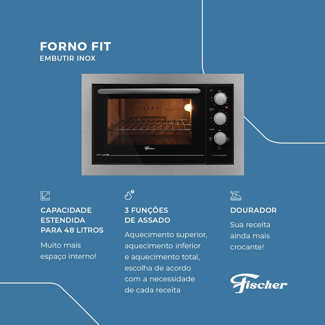 Versatilidade na preparação de alimentos O Forno de Embutir Elétrico Fischer Fit Line é equipado com um dourador e controle independente das resistências, o Forno Fischer Fit Line permite uma versatilidade excepcional no preparo de diversas receitas. A ampla faixa de controle automático de temperatura, que varia de 50°C a 320°C, possibilita desde a preparação de pratos delicados até assados mais robustos, sempre com resultados perfeitos.