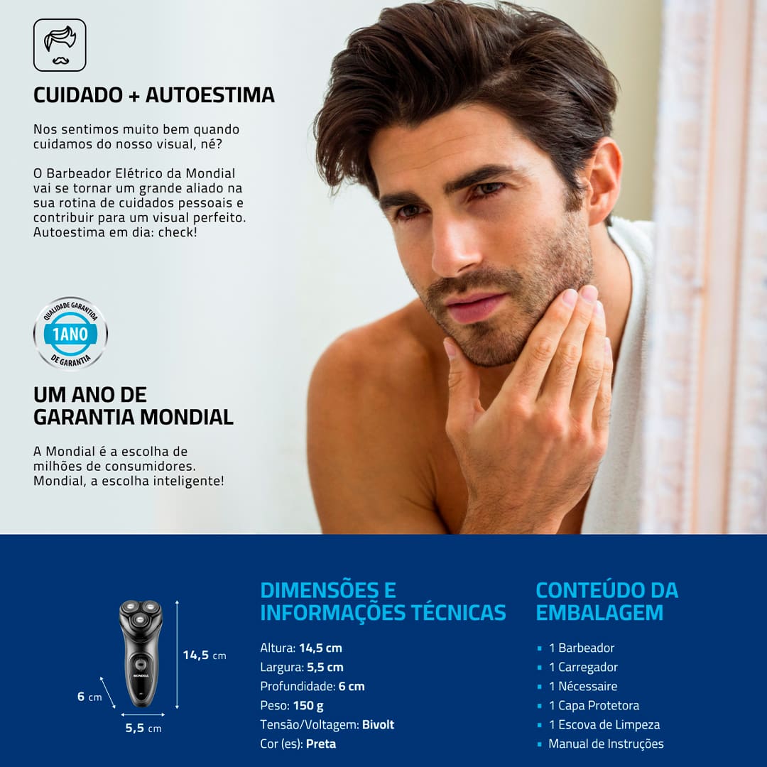 Fique com a barba bem aparada, o rosto macio e com toque suave, ao adquirir o Barbeador Elétrico Mondial Power Shave BE-02. Com design moderno e ergonômico, ele atende, com eficiência, às necessidades do público masculino. Isso se deve, principalmente, às cabeças articuladas com 3 lâminas duplas em inox e aparador de costeleta.