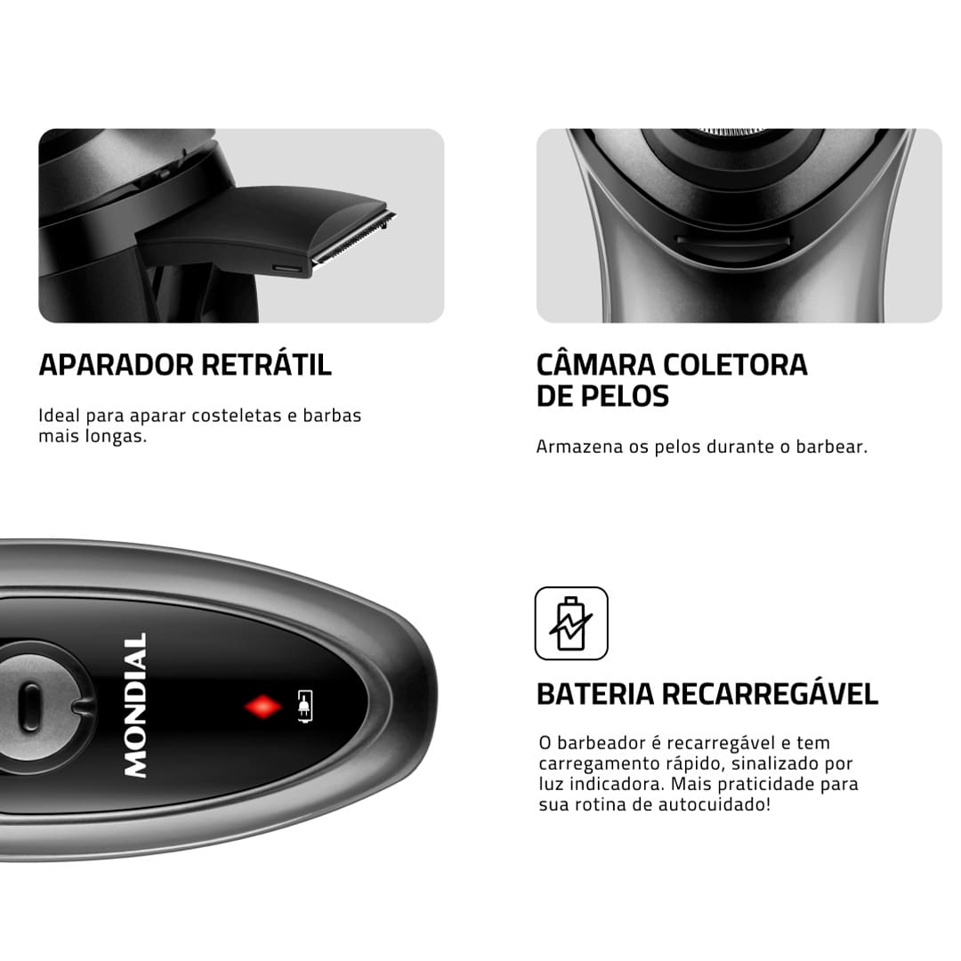 Fique com a barba bem aparada, o rosto macio e com toque suave, ao adquirir o Barbeador Elétrico Mondial Power Shave BE-02. Com design moderno e ergonômico, ele atende, com eficiência, às necessidades do público masculino. Isso se deve, principalmente, às cabeças articuladas com 3 lâminas duplas em inox e aparador de costeleta.