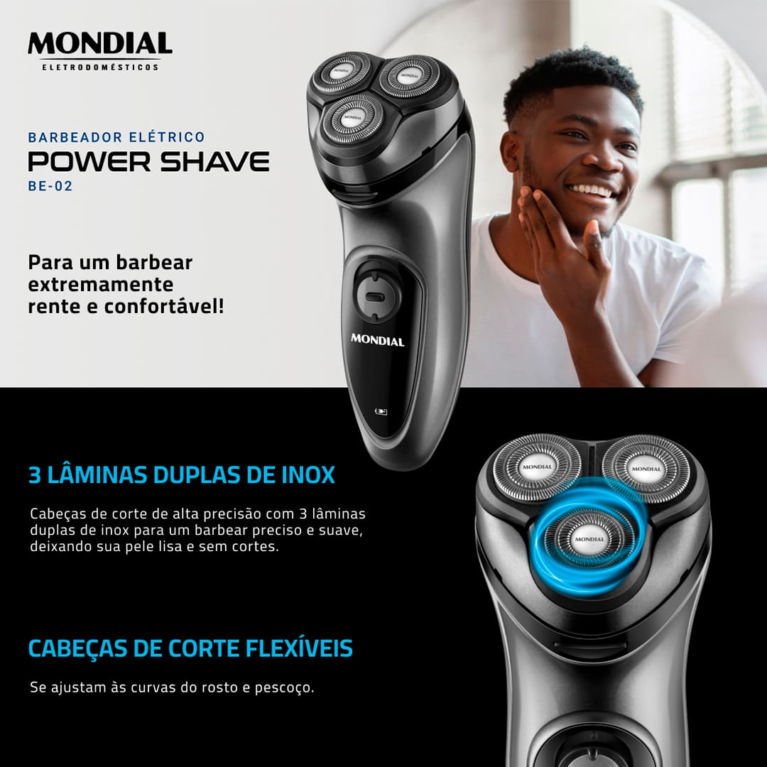 Fique com a barba bem aparada, o rosto macio e com toque suave, ao adquirir o Barbeador Elétrico Mondial Power Shave BE-02. Com design moderno e ergonômico, ele atende, com eficiência, às necessidades do público masculino. Isso se deve, principalmente, às cabeças articuladas com 3 lâminas duplas em inox e aparador de costeleta.