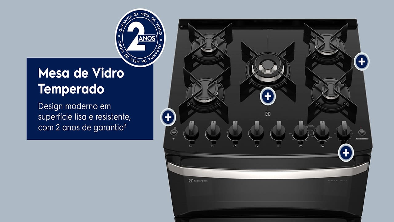Eleve sua cozinha com o Fogão Electrolux 5 Bocas FE5DP! O novo Fogão Electrolux 5 Bocas Preto (FE5DP) revoluciona sua cozinha! Com o Duplo Forno, você prepara dois pratos simultaneamente, economizando tempo e energia. Imagine assar um peru no forno inferior e gratinar um acompanhamento no superior.