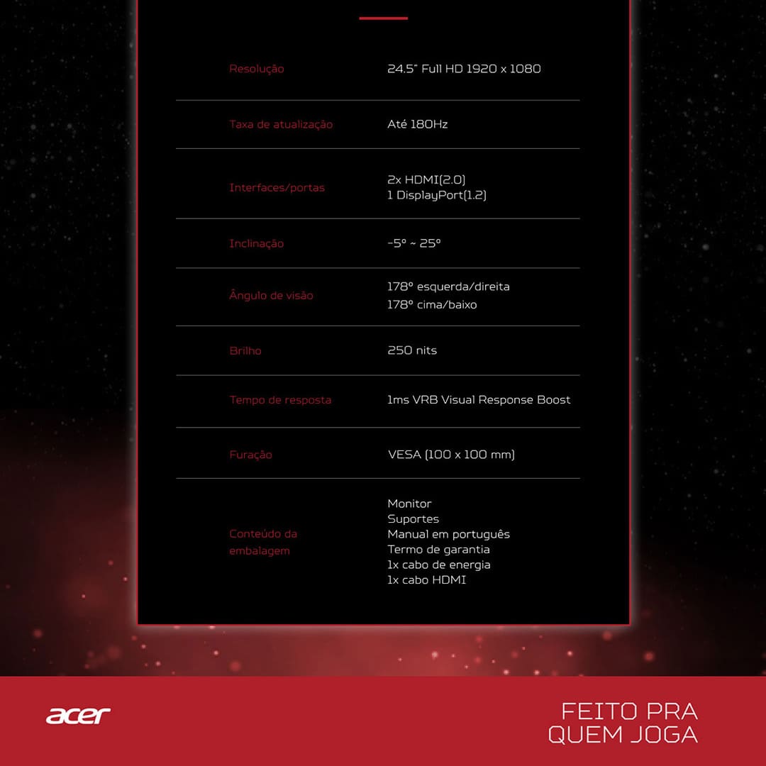 Monitor Gamer 24.5” Acer KG1 Nitro