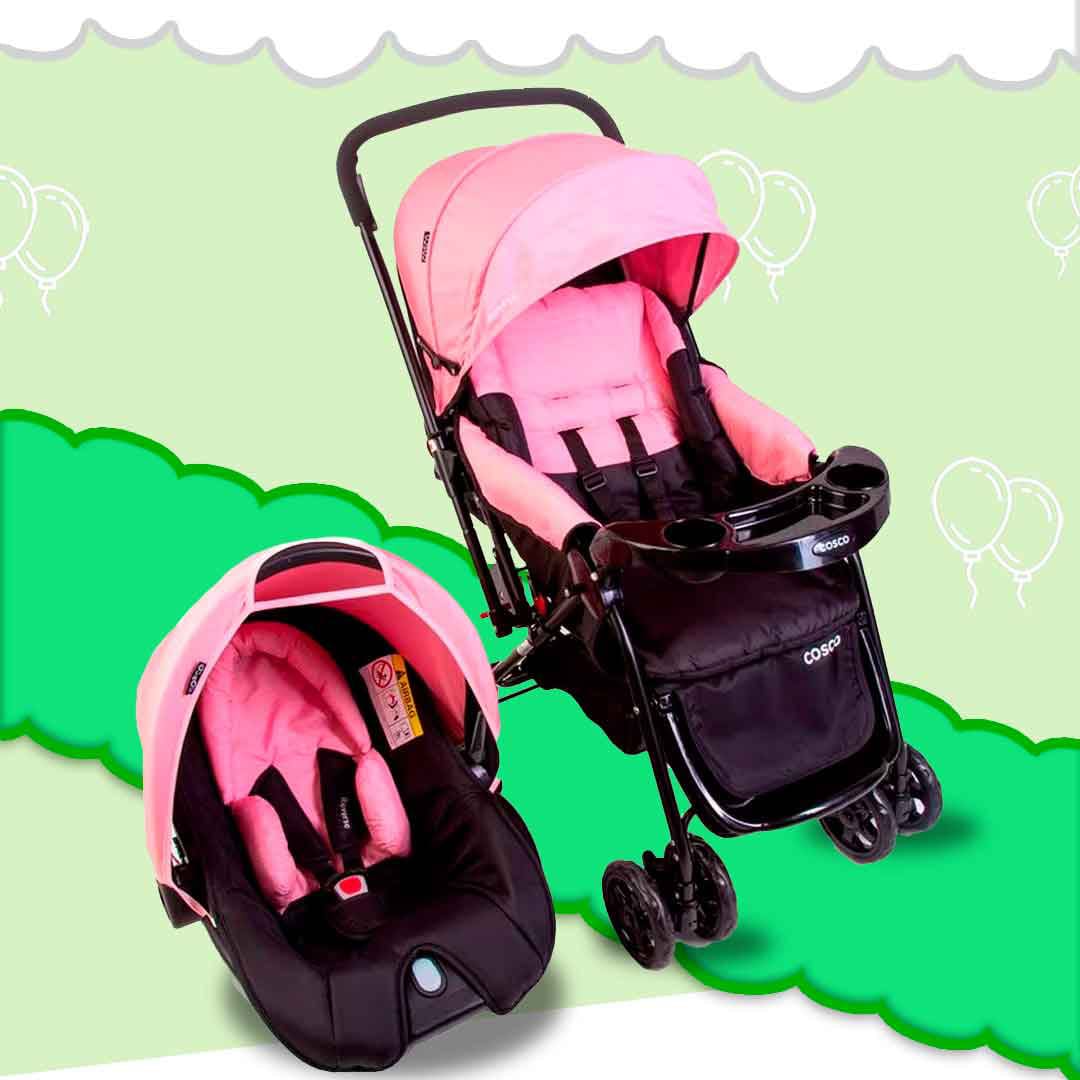 Carrinho de Bebê Cosco Travel System Reverse e Bebê Conforto preto rosa