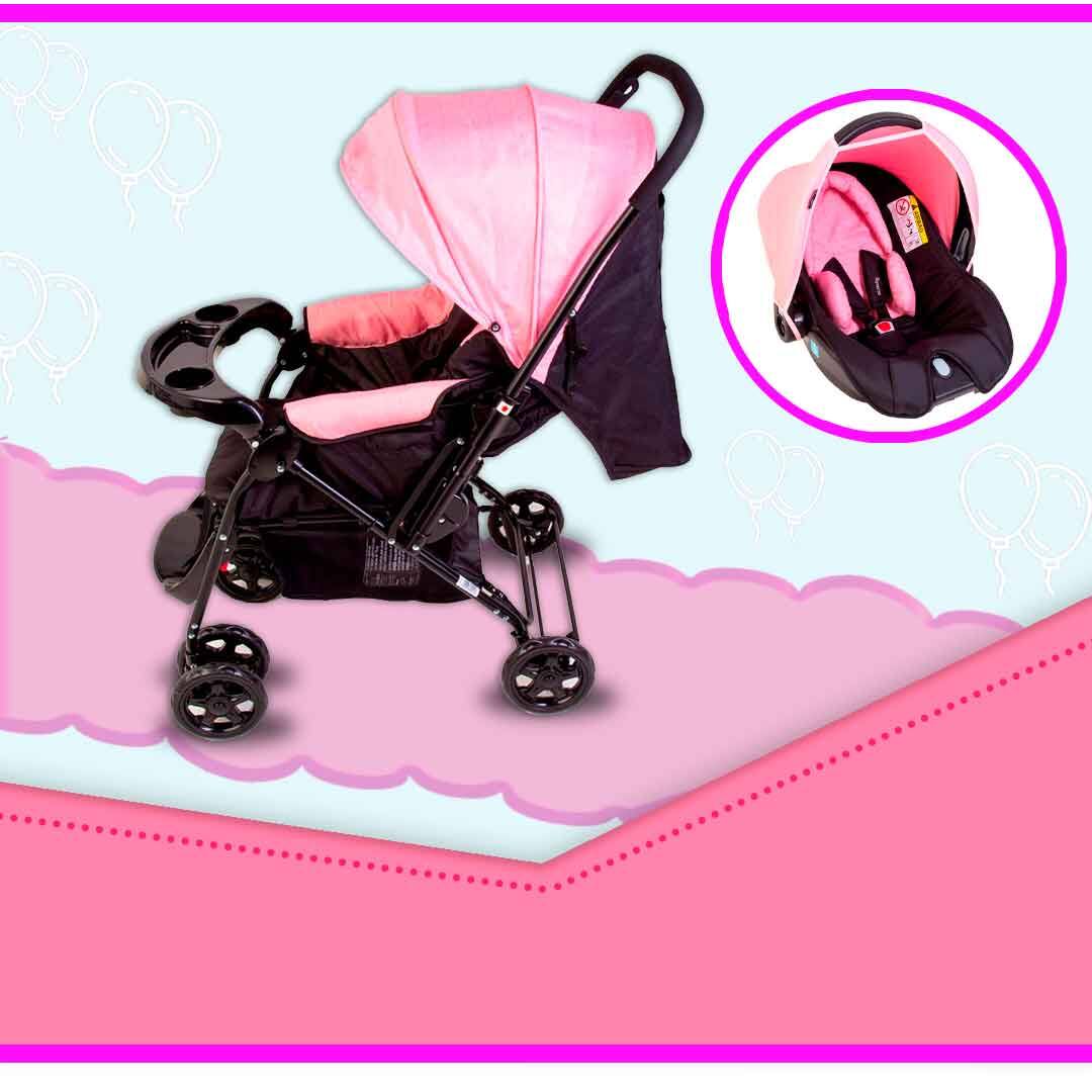 imagem lateral de lado Carrinho de Bebê Cosco Travel System Reverse Bebê Conforto preto rosa fundo lilás roxo