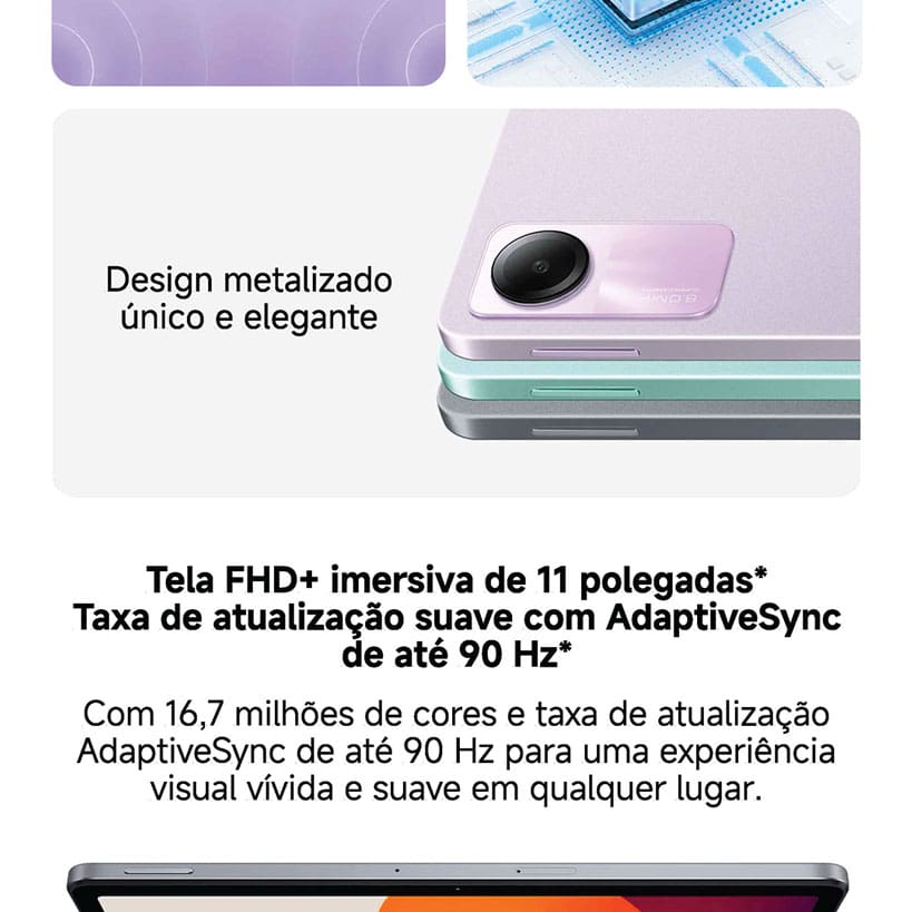 O Tablet Redmi Pad SE é a escolha perfeita para quem busca um aparelho com bateria de longa duração, grande capacidade de armazenamento e câmera principal nítida com 8 MP para registrar os melhores momentos. A bateria de longa duração (8000mAh) elimina as preocupações em recarregar o tablet enquanto você viaja, assiste a vídeos ou participa de reuniões on-line.
