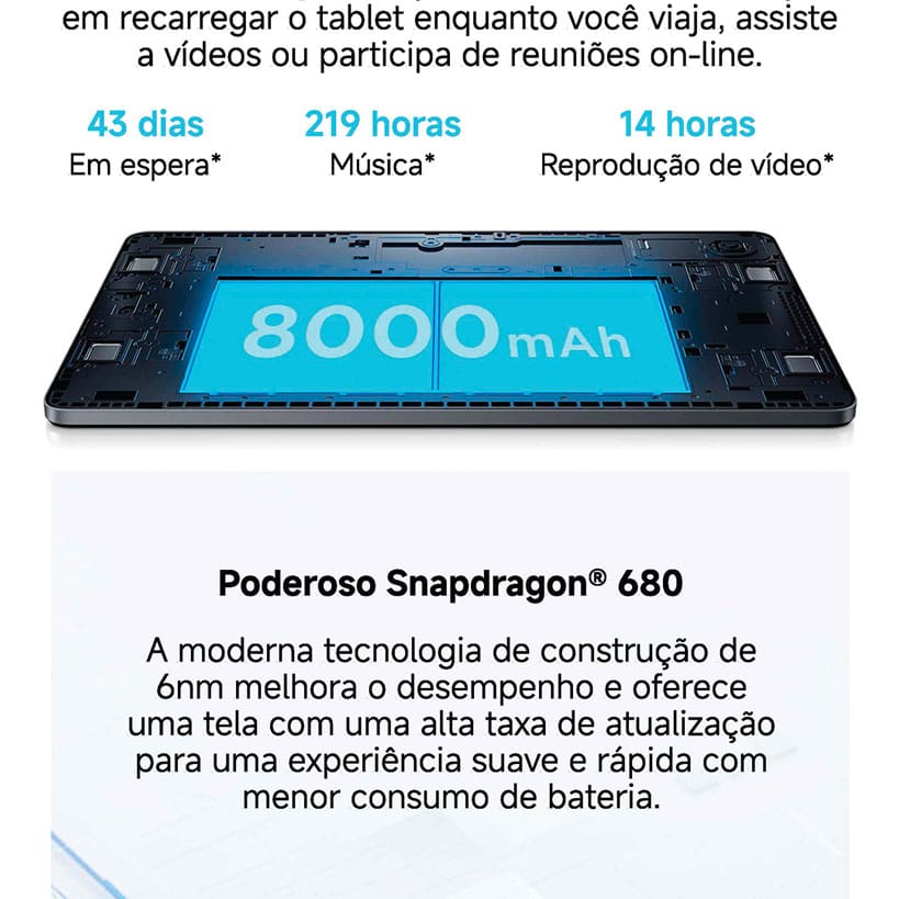 O Tablet Redmi Pad SE é a escolha perfeita para quem busca um aparelho com bateria de longa duração, grande capacidade de armazenamento e câmera principal nítida com 8 MP para registrar os melhores momentos. A bateria de longa duração (8000mAh) elimina as preocupações em recarregar o tablet enquanto você viaja, assiste a vídeos ou participa de reuniões on-line.