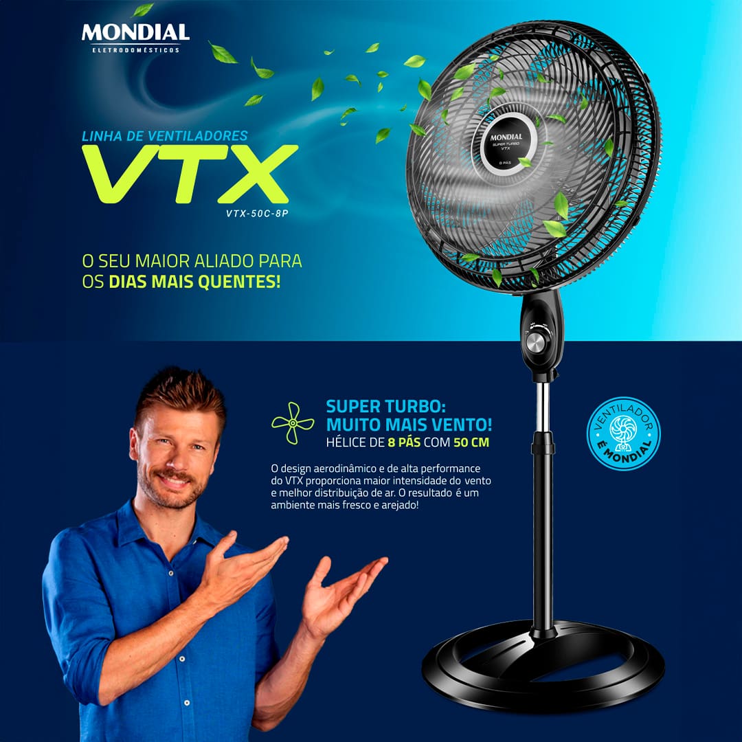 Muito mais eficiente na hora de ventilar o ambiente. O Ventilador de Coluna Mondial Turbo VTX-50C-8P deixa qualquer espaço bem arejado! Com grande vazão de ar, o equipamento possui 8 pás e 150W de potência. Para sua casa ou escritório, pode apostar na qualidade e alta durabilidade do Ventilador de Coluna Mondial!