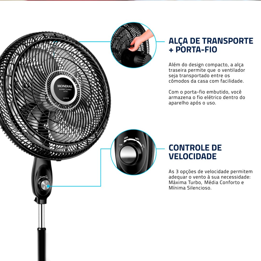 Muito mais eficiente na hora de ventilar o ambiente. O Ventilador de Coluna Mondial Turbo VTX-50C-8P deixa qualquer espaço bem arejado! Com grande vazão de ar, o equipamento possui 8 pás e 150W de potência. Para sua casa ou escritório, pode apostar na qualidade e alta durabilidade do Ventilador de Coluna Mondial!